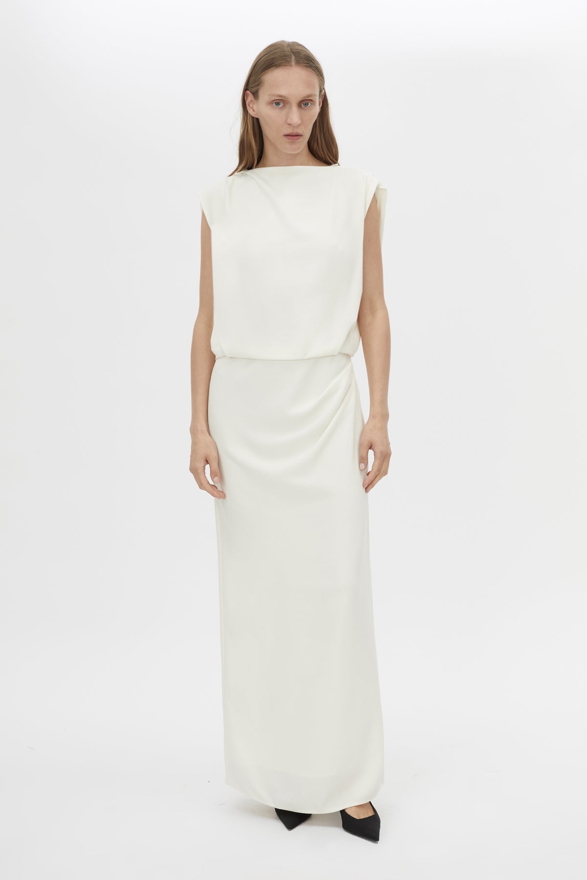 Front view CAMILLA AND MARC Eon Maxi Dress in cream with a draped silhouette and low cowl beaded detailing back.