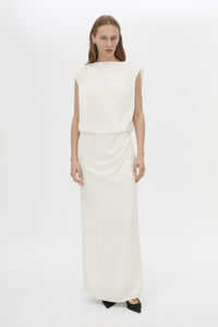 Front view CAMILLA AND MARC Eon Maxi Dress in cream with a draped silhouette and low cowl beaded detailing back.