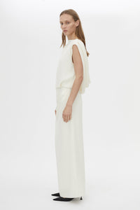 Side view CAMILLA AND MARC Eon Maxi Dress in cream with a draped silhouette and low cowl beaded detailing back.