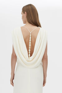 Back cropped view CAMILLA AND MARC Eon Maxi Dress in cream with a draped silhouette and low cowl beaded detailing back.