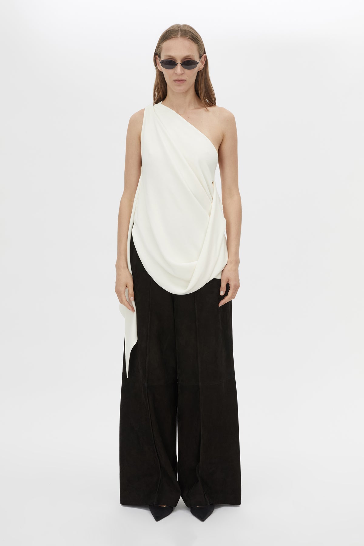 Front styled view CAMILLA AND MARC Eon Top in Cream with a draped asymmetric silhouette.