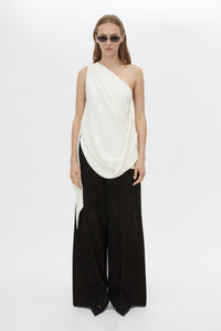 Front styled view CAMILLA AND MARC Eon Top in Cream with a draped asymmetric silhouette.