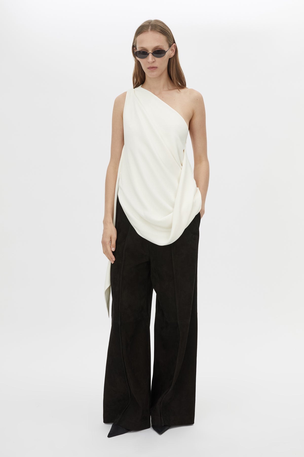 Front view CAMILLA AND MARC Eon Top in Cream with a draped asymmetric silhouette.
