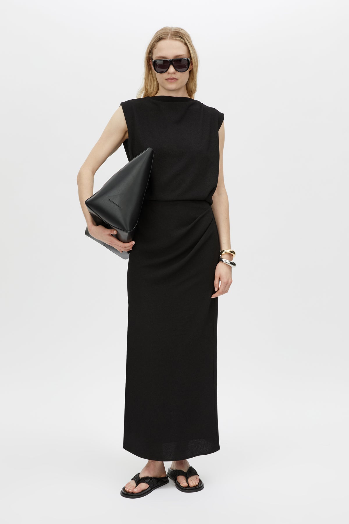 Front View CAMILLA AND MARC Eon Maxi Dress in black with cowl back and detachable beaded strap detail. 