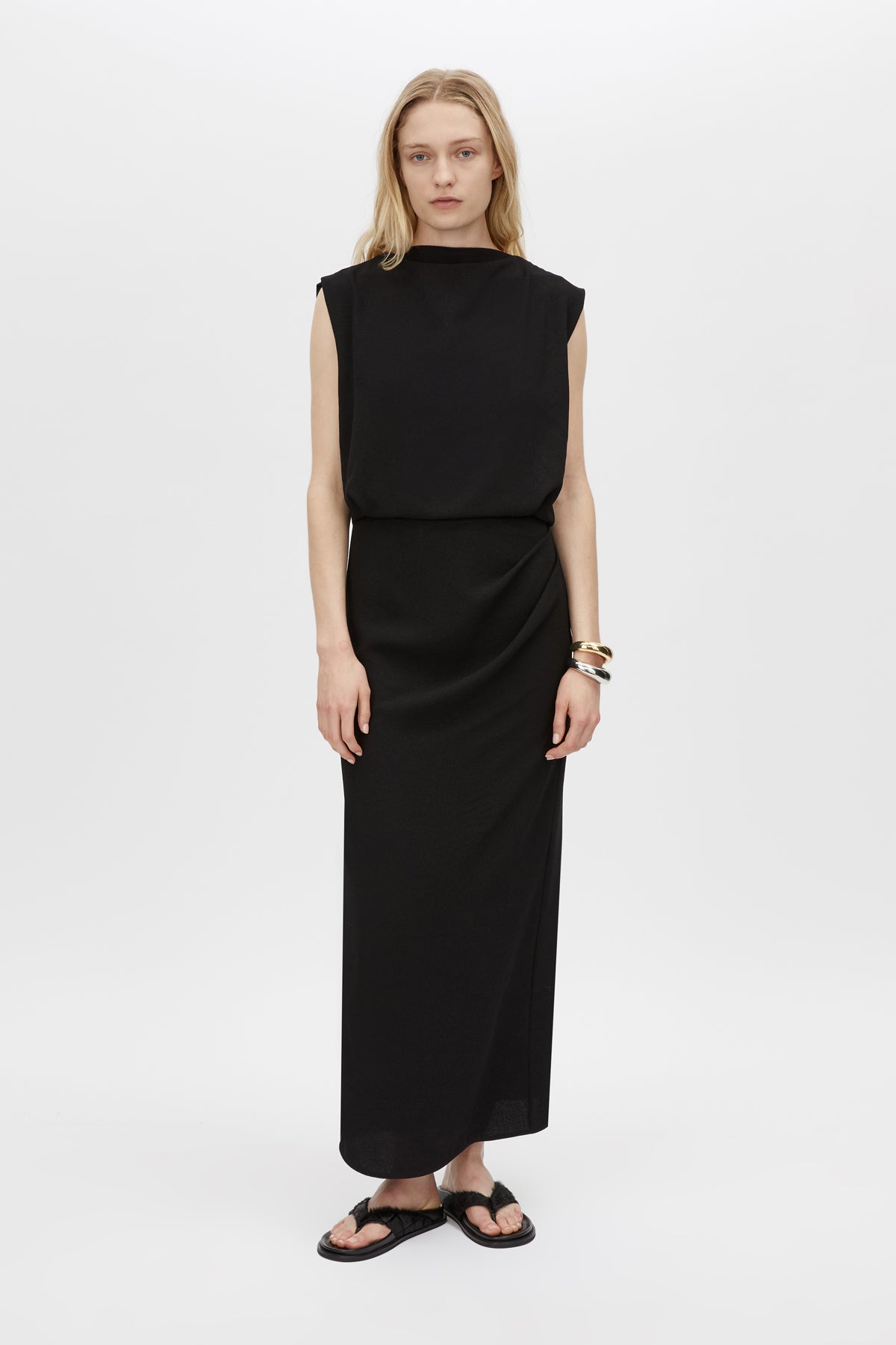 Front Style View CAMILLA AND MARC Eon Maxi Dress in black with cowl back and detachable beaded strap detail. 