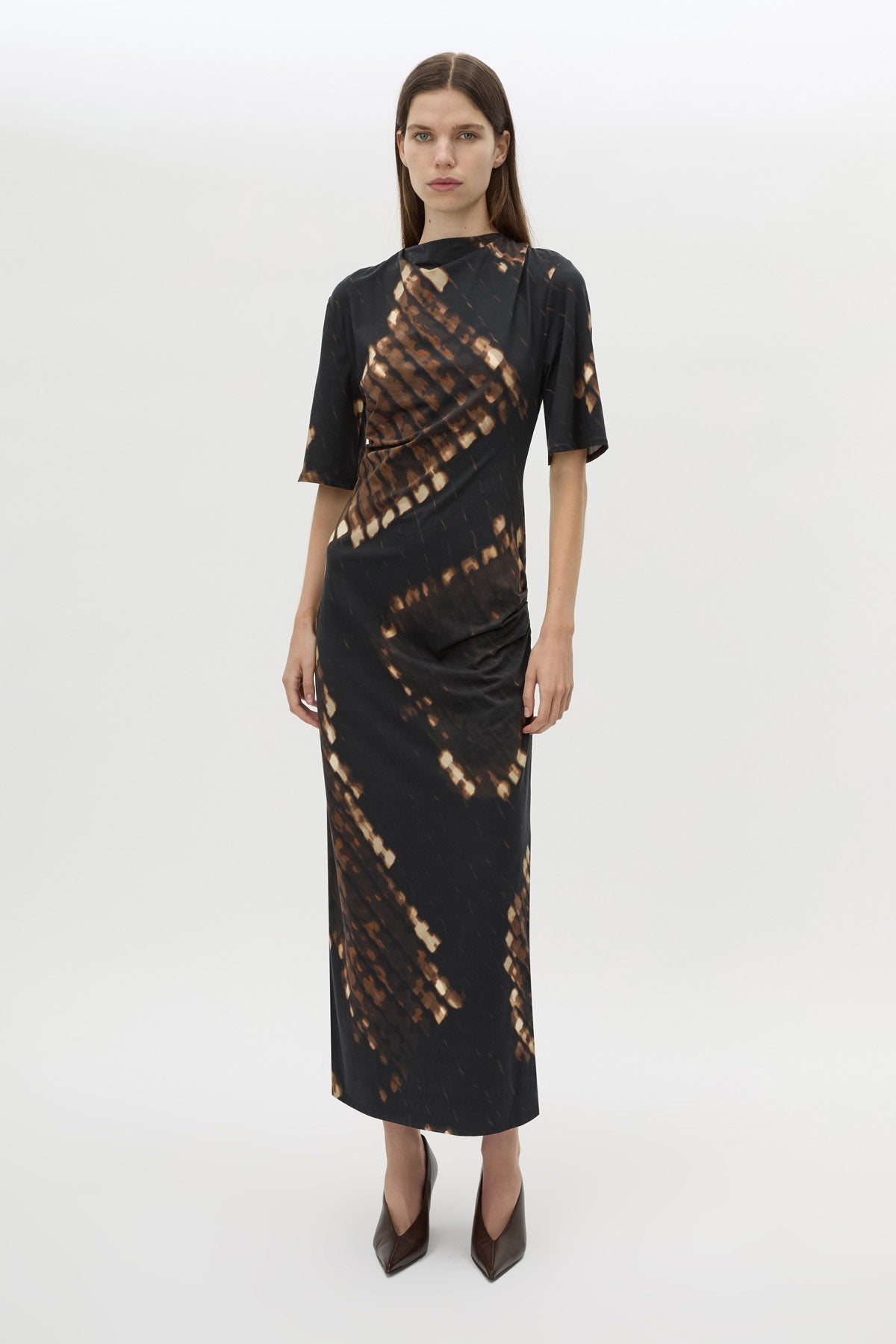 Front view CAMILLA AND MARC Ephyra Midi Dress in Ephyra Print with short sleeves and a draped silhouette. 